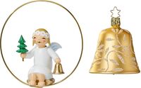 Engel im Ring mit Bäumchen und Glocke; Glasglocke, gold…